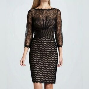 Tadashi Shoji Black Mixed Lace Dress Cross Front Cocktail Sheath Formal | Sz 12